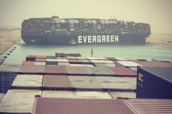 The giant container ship MV Ever Given, which is operated by Evergreen Marine Corp, is stuck in the Suez Canal.