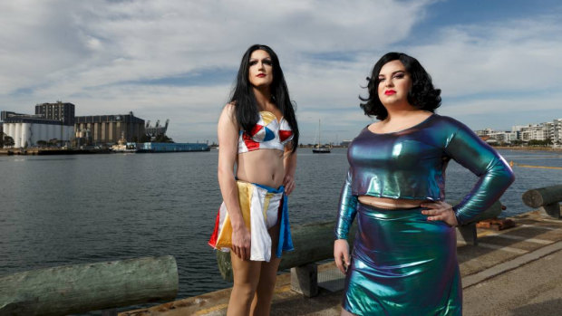 Drag performers Jessica, left, and Nova in Newcastle on Sunday. Jessica is wearing the outfit Finnegan's Hotel deemed did not meet its dress code for men or women.