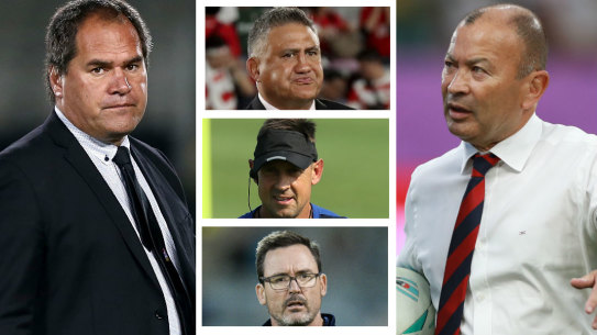 Wallabies head coach candidates: (Clockwise from left) Dave Rennie, Jamie Joseph, Eddie Jones, Dan McKellar and Scott Wisemantel. 