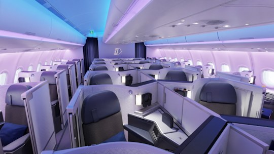 The business class cabin on Malaysia Airlines’ A330neo, 