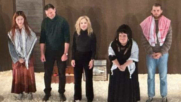 Mabel Li (left), Harry Greenwood (right) and Megan Wilding (middle) wearing keffiyeh in the STC’s production of The Seagull.