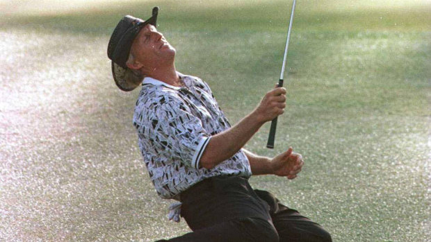 Greg Norman looks to the heavens at the 1996 US Masters,  which he famously lost.