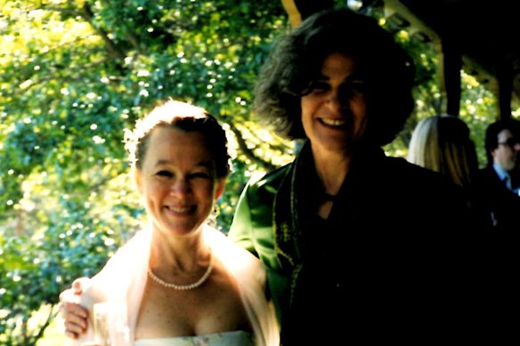 Gabrielle Carey (at left) and Debra Adelaide on Carey’s wedding day in May 2004 – the bride in pastels, bathed in sun, Adelaide literally in the shadows.