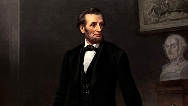 A close-up of an 1865 portrait of Abraham Lincoln by W.F.K. Travers 