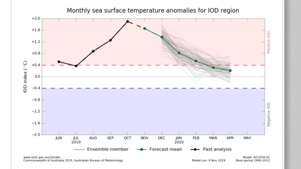 The majority of the climate models used by the Bureau of Meteorology indicate the positive Indian Ocean Dipole is likely to persist into 2020.
