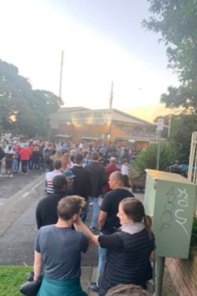 Fans queuing to get into Leichhardt Oval after kickoff in the NSW-Crusaders game.
