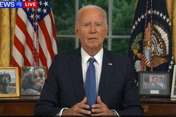 US President Joe Biden addresses the nation for the first time since withdrawing from the race to be the Democratic party’s nominee.