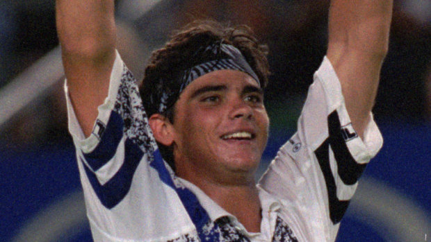 Mark Philippoussis after beating Pete Sampras at the Australian Open.