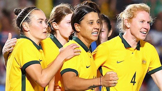 The Matildas celebrate Sam Kerr’s opening goal.