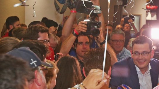 Labor supporters surround Andrews as he prepares to make his victory speech after the so-called “Danslide” in 2018.