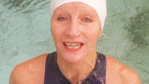 Maggi, photoraphed on the day she  became the first woman since the Bondi Iceberg club's foundation in 1929 to swim competitively as an Iceberg. 7th May 1995.