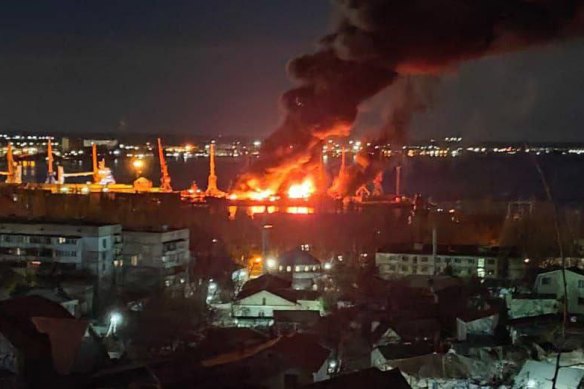 The Russian warship Novocherkassk burns at port in Feodosia, occupied Crimea, on December 27.