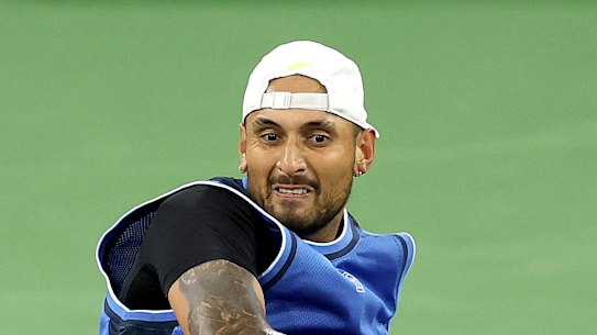 Kyrgios striking the ball with power before retiring hurt.
