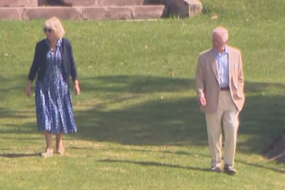 Nowhere near Royal Randwick, Queen Camilla and King Charles take a walk around the grounds of Admiralty House on Saturday.