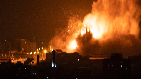 An explosion caused by Israeli air strikes on the Gaza Strip early on Tuesday.