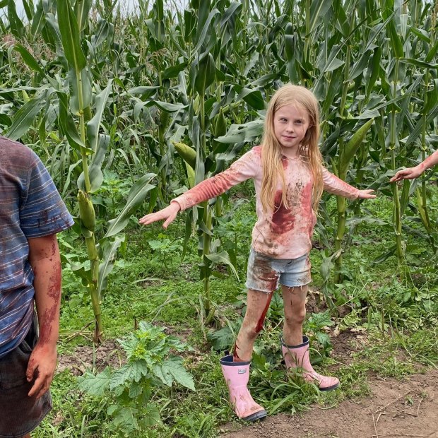 Cast members of horror film Children of the Corn, based on a Stephen King short story, which has continued shooting in Richmond, near Sydney, throughout the COVID-19 shutdown.