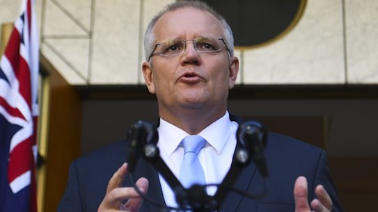 Prime Minister Scott Morrison speaks to the media during a press conference at Parliament House in Canberra.