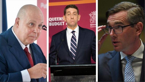 The treasurers of Australia's three biggest economies – Victoria's Tim Pallas, Queensland's Cameron Dick and NSW's Dominic Perrottet. 