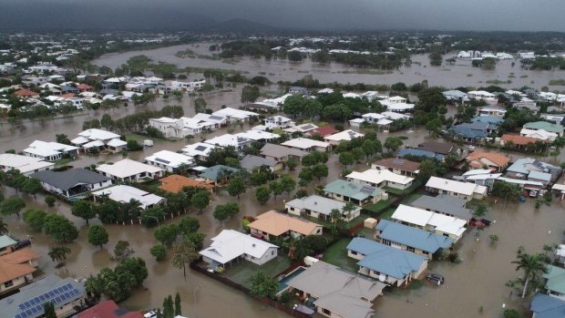 An aerial view of the flooding in the Townsville suburb of Oonoonba on Monday morning.