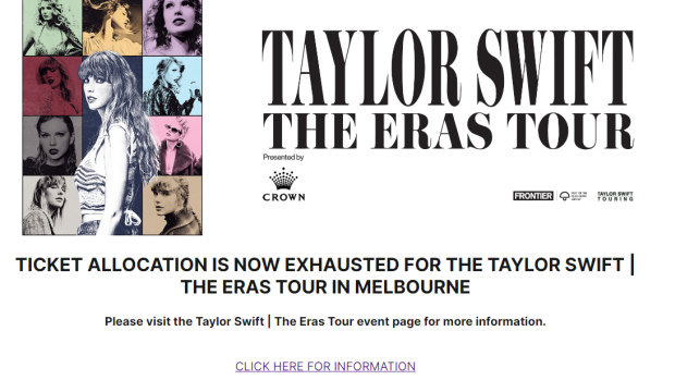 Ticketek has announced that the latest release of tickets for the Taylor Swift shows in Melbourne have sold out.