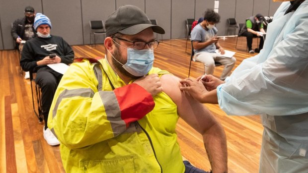Warehouse worker Daniel Matcham gets his vaccine in Hoppers Crossing last month.