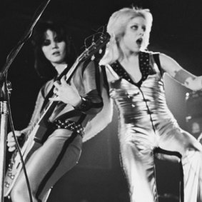 Joan Jett and Cherie Currie on stage with The Runaways.
