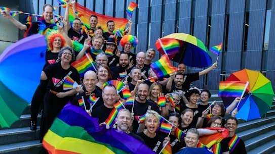 Members of the Sydney Gay and Lesbian Choir. The choir is participating in 1000 Voices for Melt Festival in Brisbane.