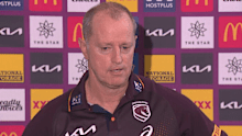 Broncos coach Michael Maguire speaking to media on Wednesday.