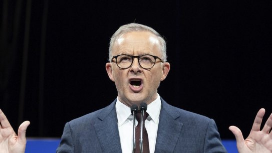 Opposition Leader Anthony Albanese during a Labor campaign rally at the Howard Smith Wharves in Brisbane this month last Sunday.