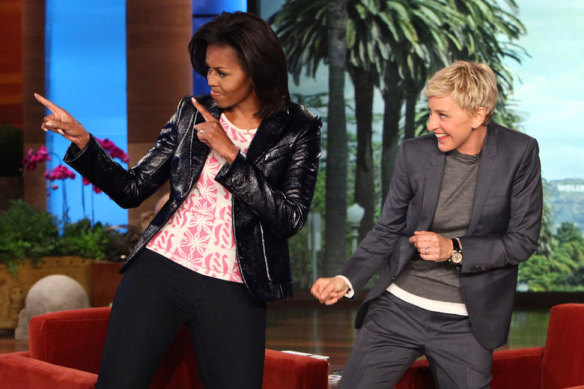 Ellen DeGeneres with Michelle Obama during a taping of <i>The Ellen DeGeneres Show</i>.