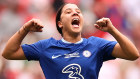 Sam Kerr celebrates scoring for Chelsea.