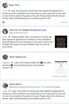 Facebook messages referring to a "Josh Frydenberg media release" about Labor taxes. 

