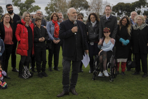 Phil Cleary paying tribute to his slain sister Vicki in Coburg in 2018.