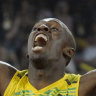 Usain Bolt celebrates as he wins the men’s 200-metre final  at the Beijing Olympics in 2008.