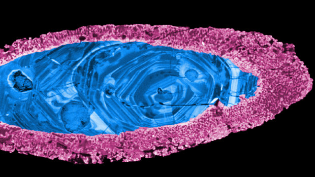 One of the zircon crystals used to date the Yarrabubba impact. The margin (pink) recrystallized during impact, leaving the inner (blue) part intact.
