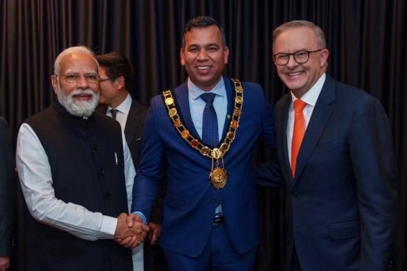 Indian Prime Minister Narendra Modi, Sameer Pandey, and Prime Minister Anthony Albanese.