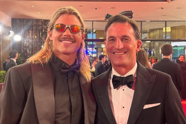 Geelong's Bailey Smith and AFL CEO Andrew Dillon are pictured at the 2025 Brownlow Medal.