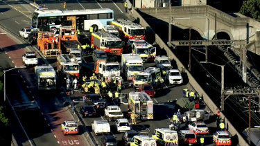 Emergency services on the Sydney Harbour Bridge on Thursday morning following a serious crash. 