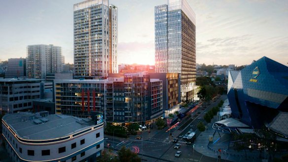 Artist's impression of the proposed development, showing the two towers and their relationship to Perth Arena. 