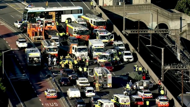 Emergency services on the Sydney Harbour Bridge on Thursday morning following a serious crash. 