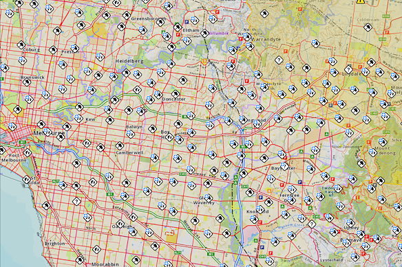 What Melbourne's east looked like on the VicEmergency app just before 10pm on Thursday night.