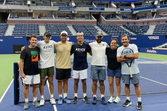 Alex de Minaur and his team at the 2023 US Open: L-R) Emilio Poveda Pagan, de Minaur, Matt Reid, Jason Kubler, Jonathon Kubler, Kathryn Oyeniyi and Adolfo Gutierrez.