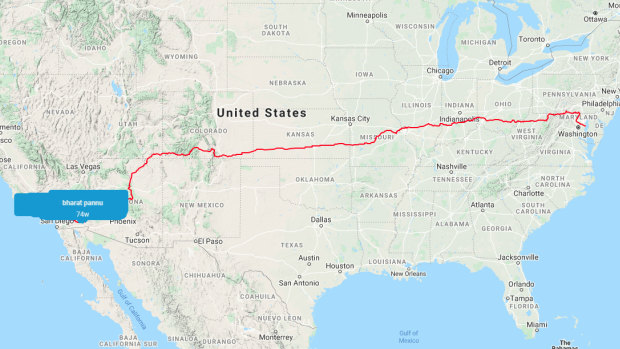 The course for the Virtual Race Across America from California to Maryland.