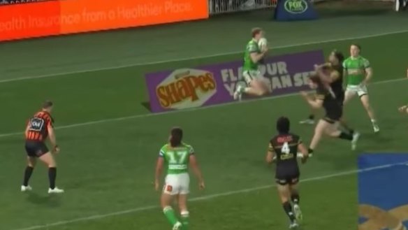 Jed Stuart is on the spot to take Nathan Cleary’s field goal attempt after it slammed into an upright.