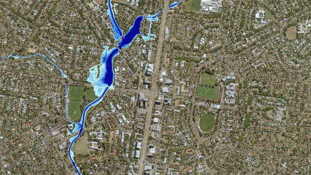 The new flood map showing the extent of a one-in-100-year flood in O'Connor and Lyneham, including across Macarthur Avenue.