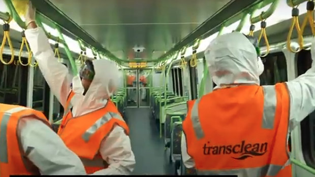 Transclean staff cleaning of Metro train carraiages during the COVID-19 pandemic.
