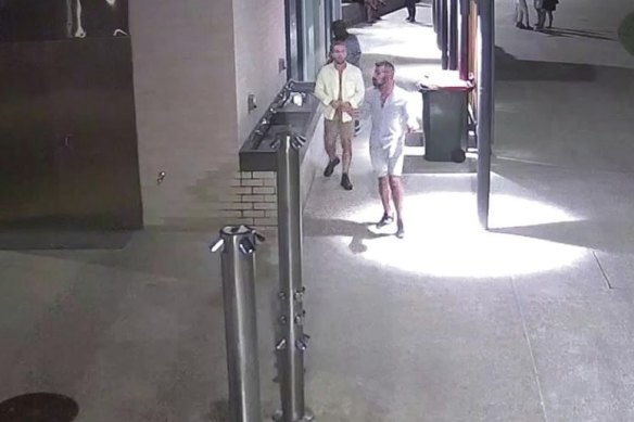 CCTV released by police following the Scarborough sexual assault. One man is washing his hands while the other is buttoning up his shirt after exiting the toilet block. 