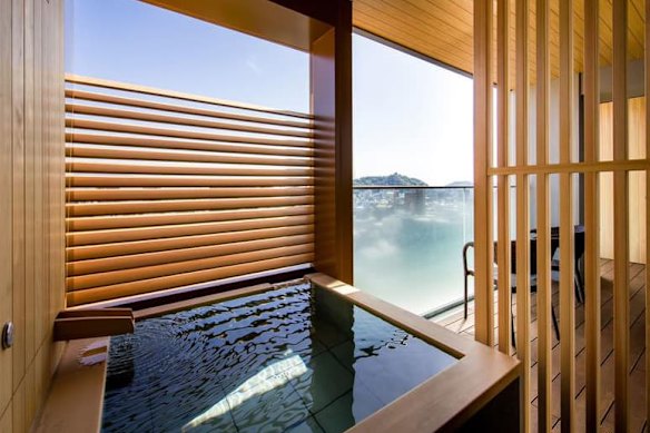 The in-room hot onsen (hot springs) at the Dogo Miyu ryokan hotel in Matsuyama.