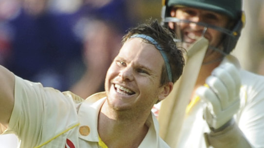 Steve Smith celebrates after scoring a century on his return to Test cricket.