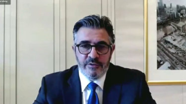 Crown director Andrew Demetriou gives evidence to the NSW casino inquiry on Monday.
